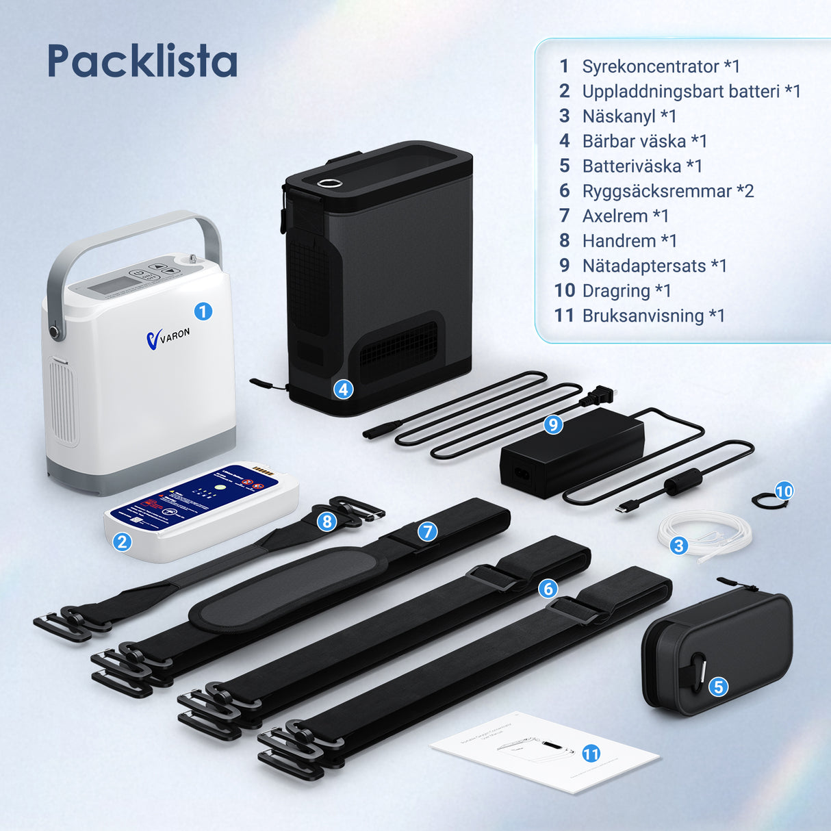 VARON VP-8G | Bärbar pulserad syrgaskoncentrator - 93 % renhet - förlängd batteritid