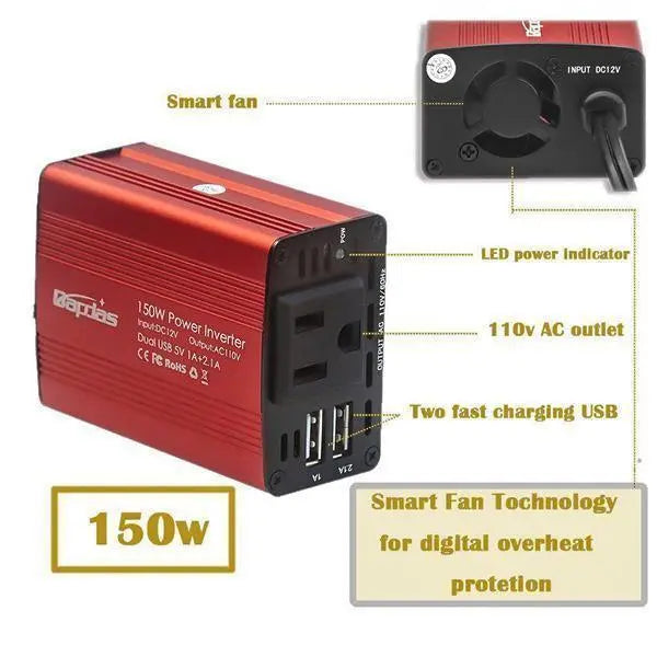 Bilomvandlare 150W med dubbel USB-port 3,1A | 12V till 110V/220V