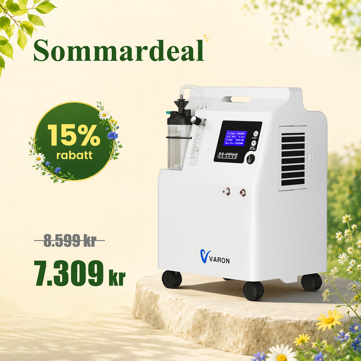 VARON Serene 5L Syrgaskoncentrator i hemmet | Låg Bullernivå, 72-timmars Drift, FDA-godkänd