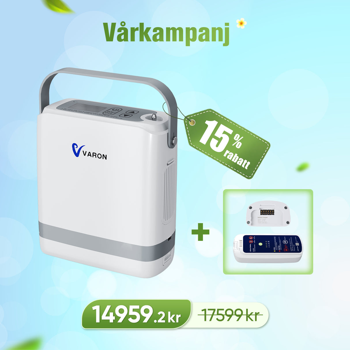 VARON VP-8G | Bärbar pulserad syrgaskoncentrator - 93 % renhet - förlängd batteritid