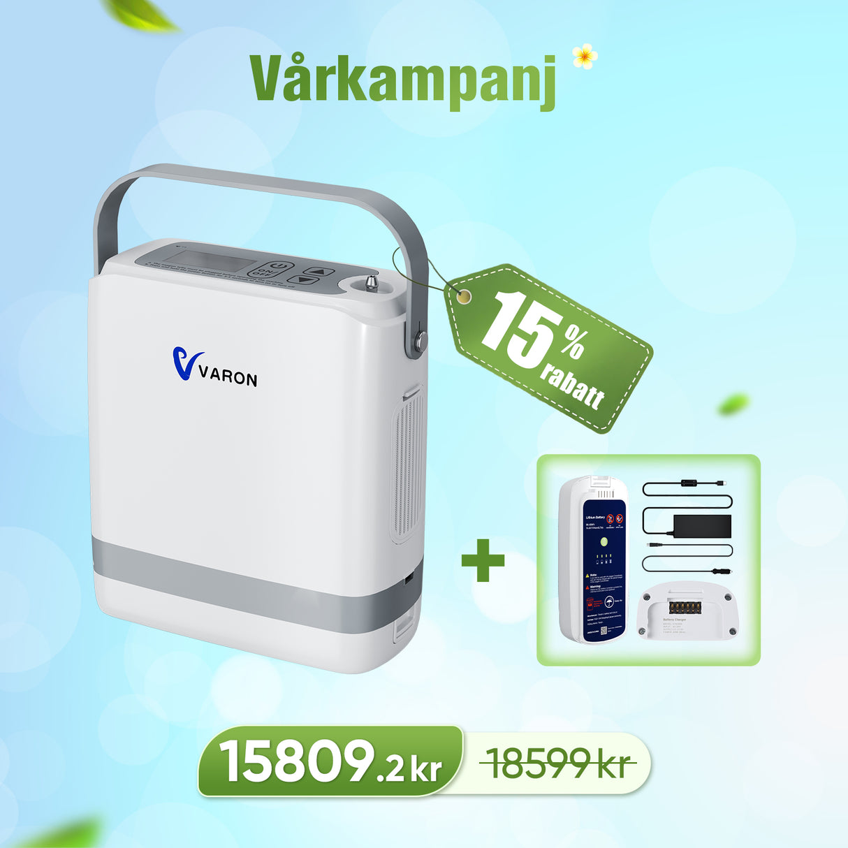 VARON VP-8G | Bärbar pulserad syrgaskoncentrator - 93 % renhet - förlängd batteritid