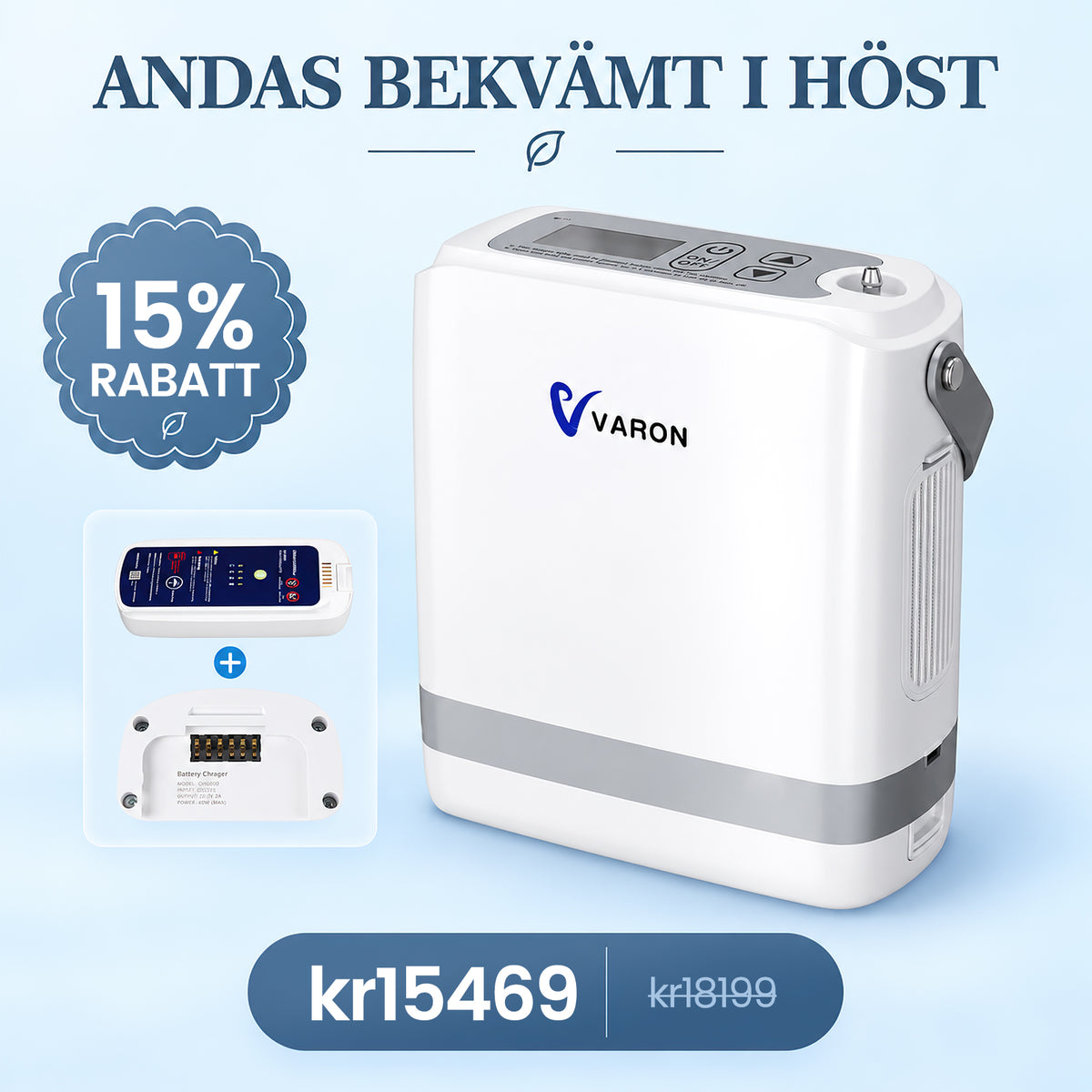 VARON VP-8G Bärbar Syrgaskoncentrator | Pulsdos, 93 % Syrekoncentration, Lång Batteritid