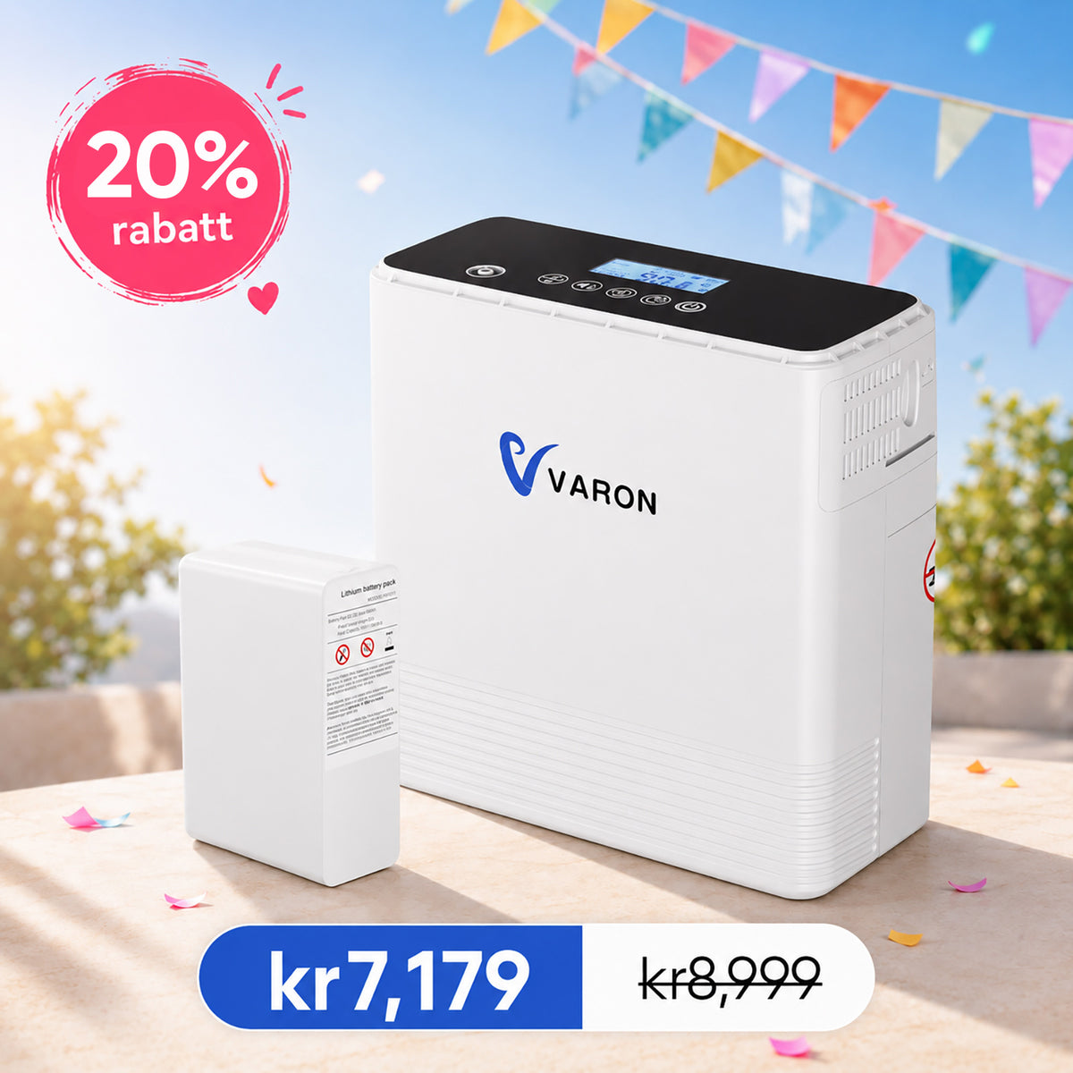 VARON VP-6 Jatkuvatoiminen kannettava happikonsentraattori | 1-6 l/min virtaus, CE-hyväksytty