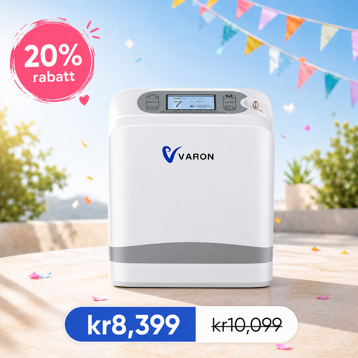 VARON VP-8 Lite | Bärbar pulserad syrgaskoncentrator – 90 % syrehalt