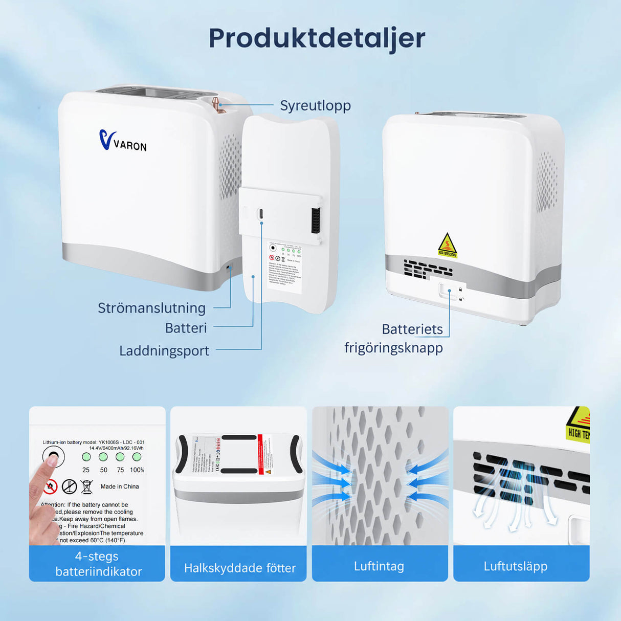 VARON VP-8 Lite | Bärbar pulserad syrgaskoncentrator – 90 % syrehalt