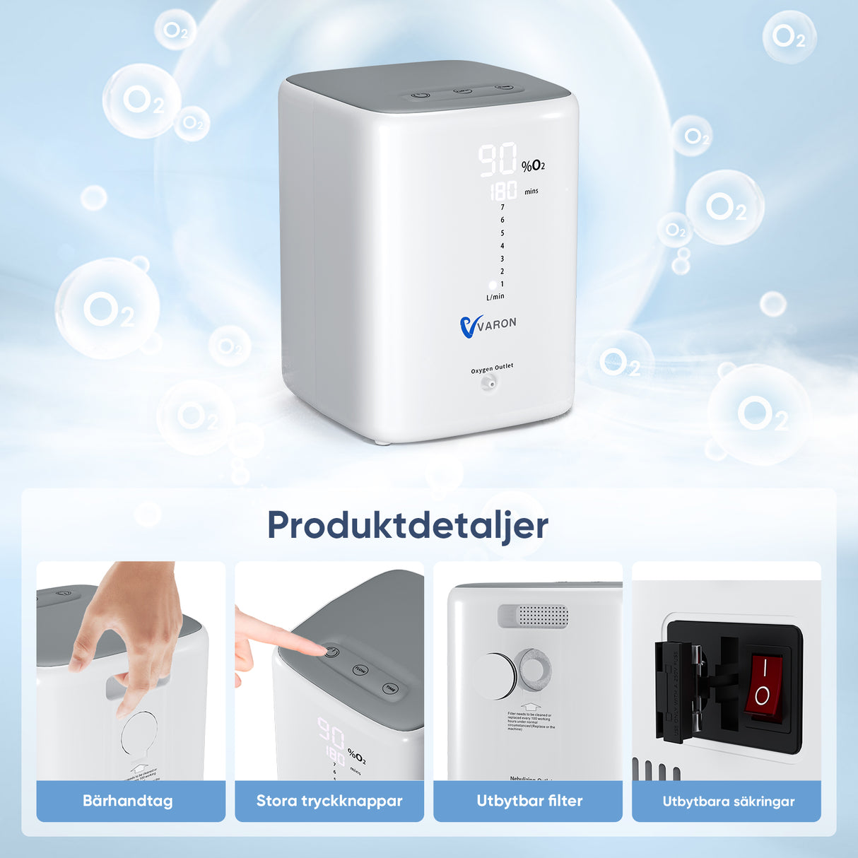 VARON VH-3 Hem-Syretillredare | 1-7 L/min Bekväm Terapi, CE-godkänd