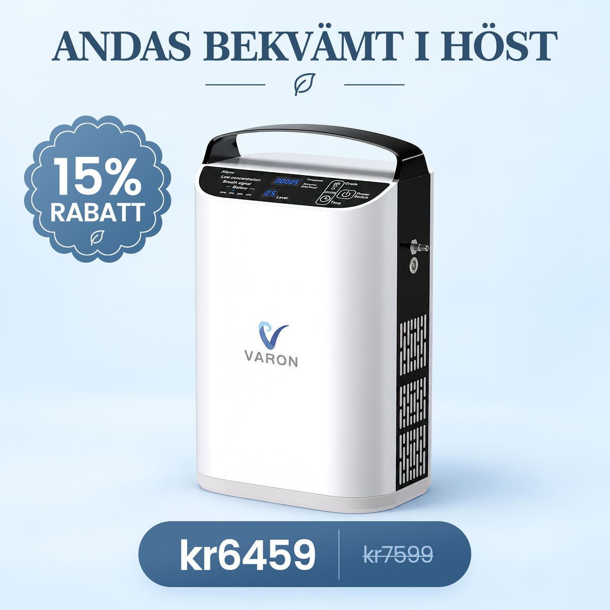 VARON VP-1 kannettava happikonsentraattori pulssiannostekniikalla | 24 tunnin käyttö, CE-hyväksytty