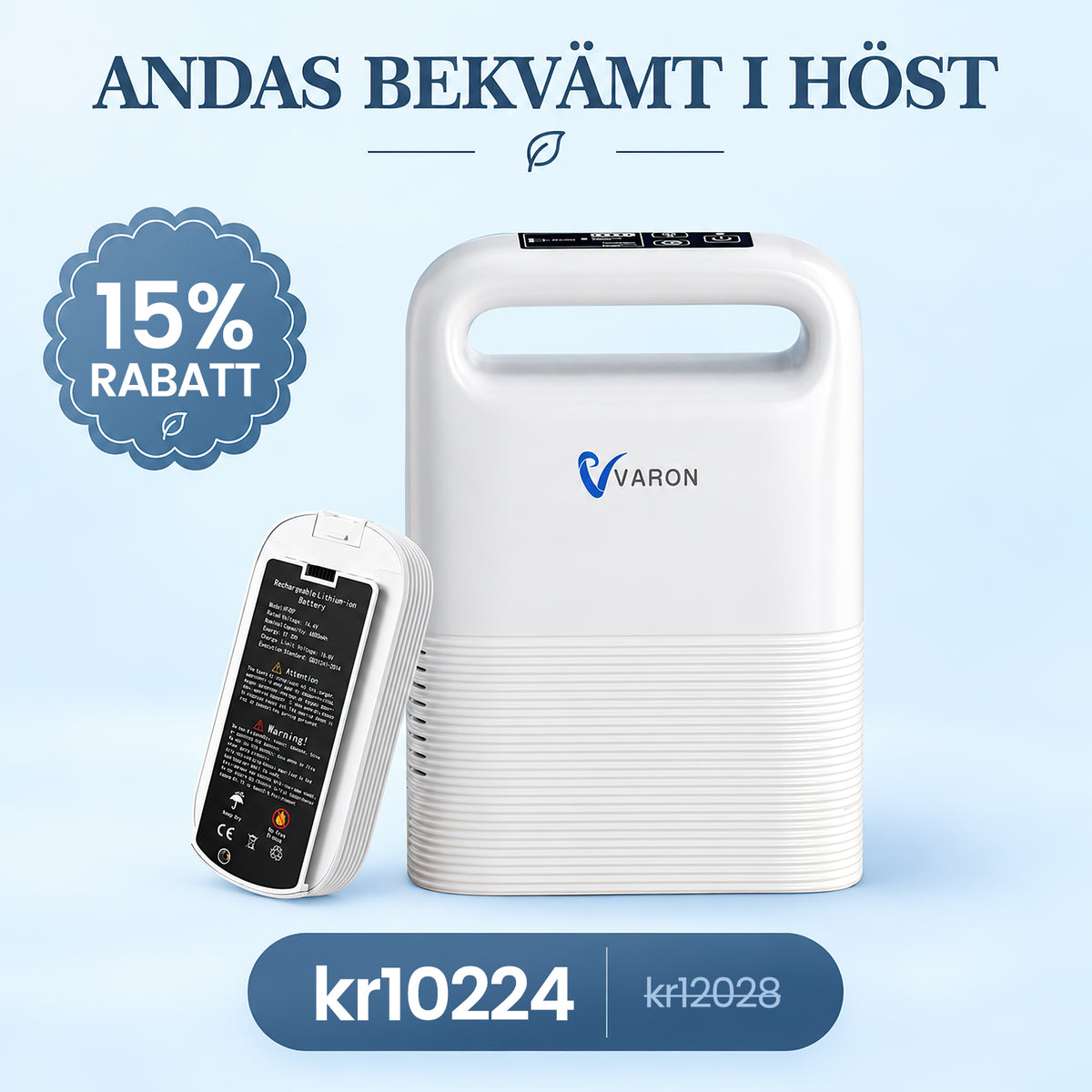 VARON VP-2 Bärbar Syrgaskoncentrator | Pulsdos, 93 % Syrekoncentration, Lång Batteritid