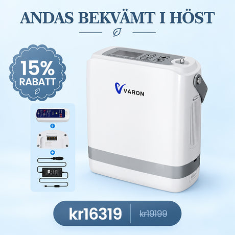 VARON VP-8G Bärbar Syrgaskoncentrator | Pulsdos, 93 % Syrekoncentration, Lång Batteritid