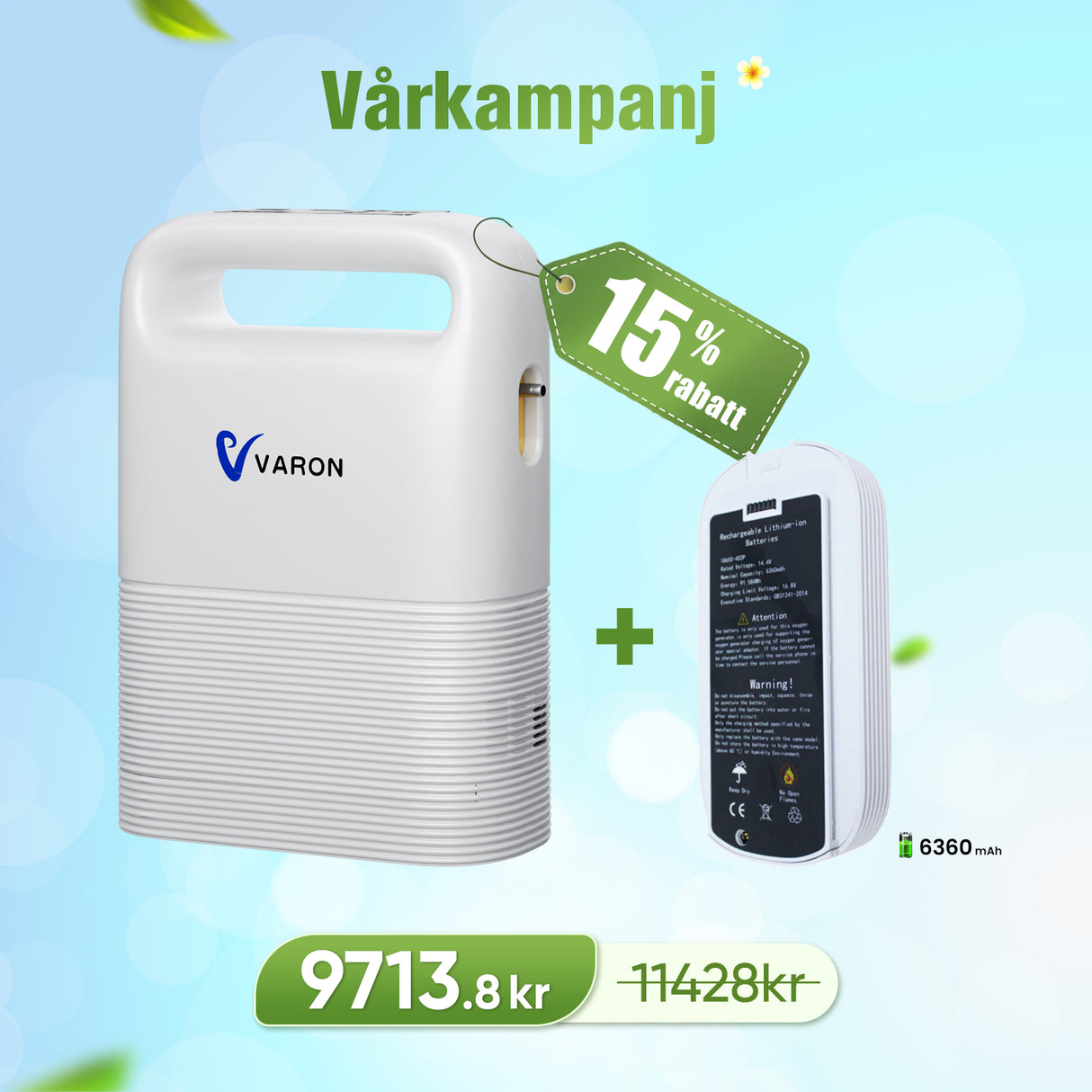 VARON VP-2 Pulse Bärbar Syrgaskoncentrator | 93 % syre, lång batteritid, CE-godkänd